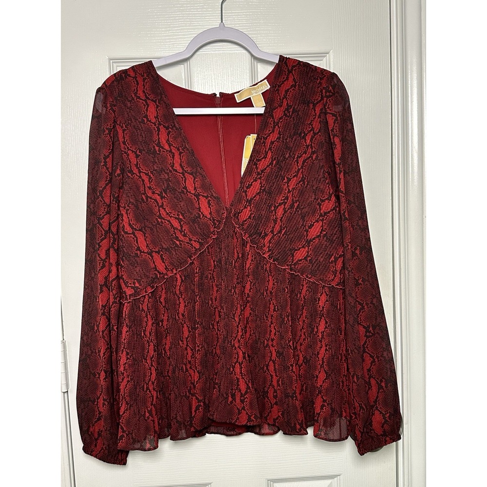 Michael Kors Red And Black Snakeskin‎ Print Pleated Blouse Women's Large NWT